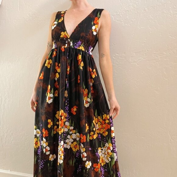 Vintage Floral Maxi Dress - Black, Orange, Purple - Picture 3 of 9